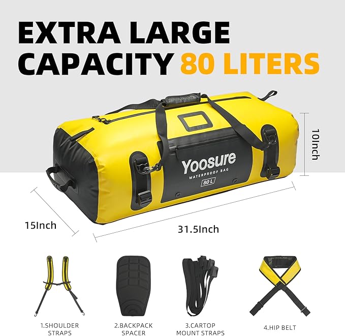 80L Waterproof Duffel Bag Motorcycle Dry Bag Backpack, Waterproof Zippered Bags with Backpack Spacer Pad for Kayaking Rafting Boating Canoeing Camping Paddle Beach (Yellow)
