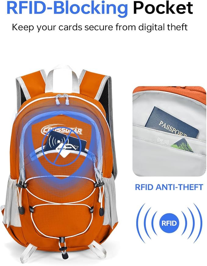 CROSSGEAR Packable Hiking Backpack, 24L Lightweight Foldable Daypack, RFID Secure Pocket, Nylon Fabric, Water Resistant Small Travel Hiking Daypack for Women Men, Orange
