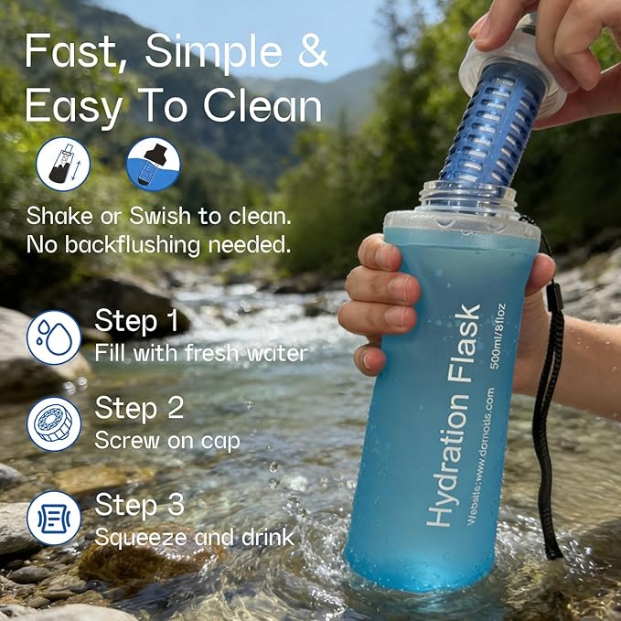 GUYI 1.0L Collapsible Water Filter Bottle, Removes Impurities, BPA Free, Ultralight for Hiking, Camping, Cycling & Travel-Blue