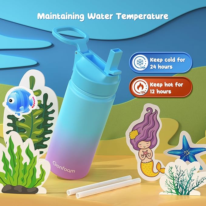 Kids Water Bottle, 16oz Kids Water Bottle with Stickers for School, insulated Stainless Steel Straw Cup(Blue/Purple)