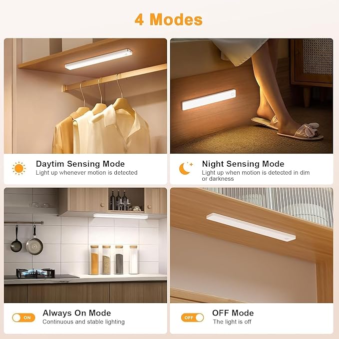 13inch Under Cabinet Lighting, 2500mAh Motion Sensor Light Indoor, USB Rechargeable Battery Operated Closet Light, Dimmable LED Cabinet Lights, Under Counter Light for Kitchen-2 Pack