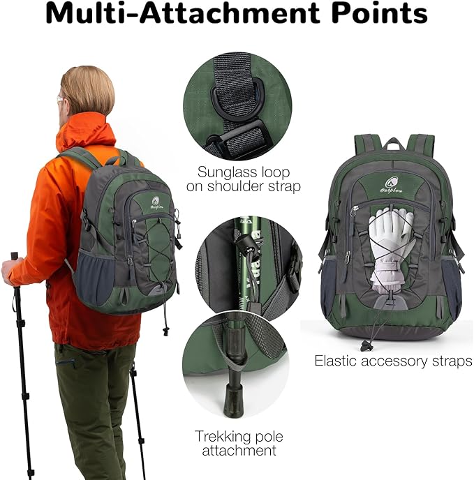 25L Small Hiking Backpack with Chest Strap for Men Women, Waterproof Travel Backpack Day Pack, Lightweight Padded Hiking Daypacks for Camping Traveling Outdoor Sports, Green