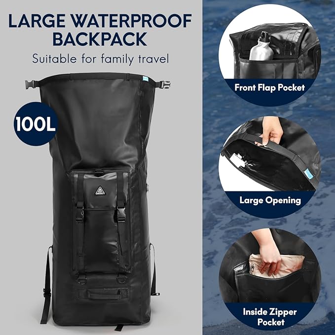 Haimont Large Waterproof Dry Backpack IPX7 Roll-top Dry Marine Dry Bag for Men Kayaking Rafting, 100L, Black