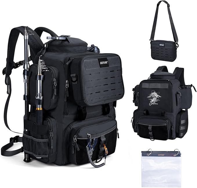 Goture Fishing Backpack, 900D Water-Resistant Tackle Backpack with Rod Holders, 58L Large Storage Gear Fishing Tackle Bag with Detachable Crossbody Bag,8 Lure Pockets,Bottle Holder for Camping Hiking