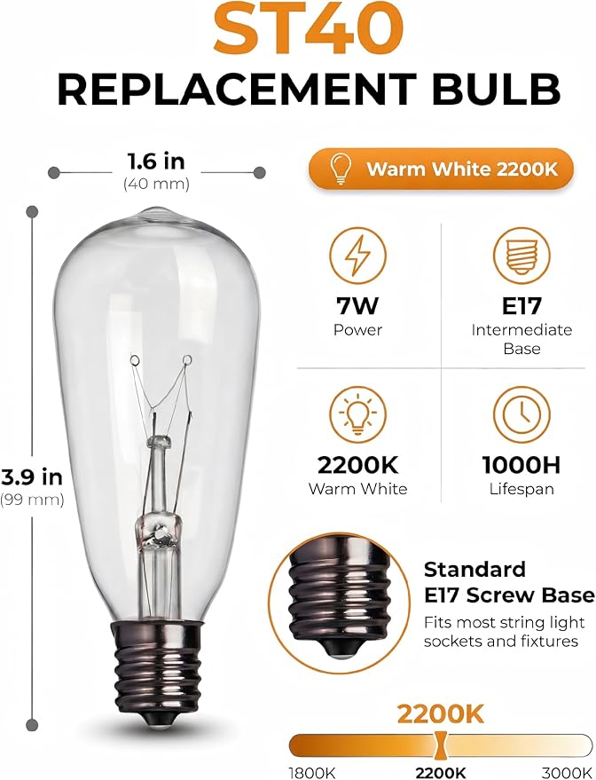 10 Pack ST40 Replacement Bulbs for Outdoor String Lights, 7W E17 Intermediate Base Clear Incandescent Edison Bulbs for Indoor Outdoor Patio Backyard Decor, Warm White