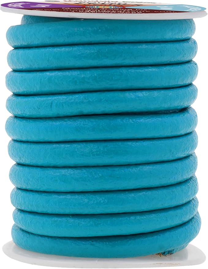 Mandala Crafts Round Genuine Teal Leather Cord for Jewelry Making – 6mm Cowhide Leather Rope String Lace for Kumihimo – 4.4 Yards Cowhide Craft Cording Spool