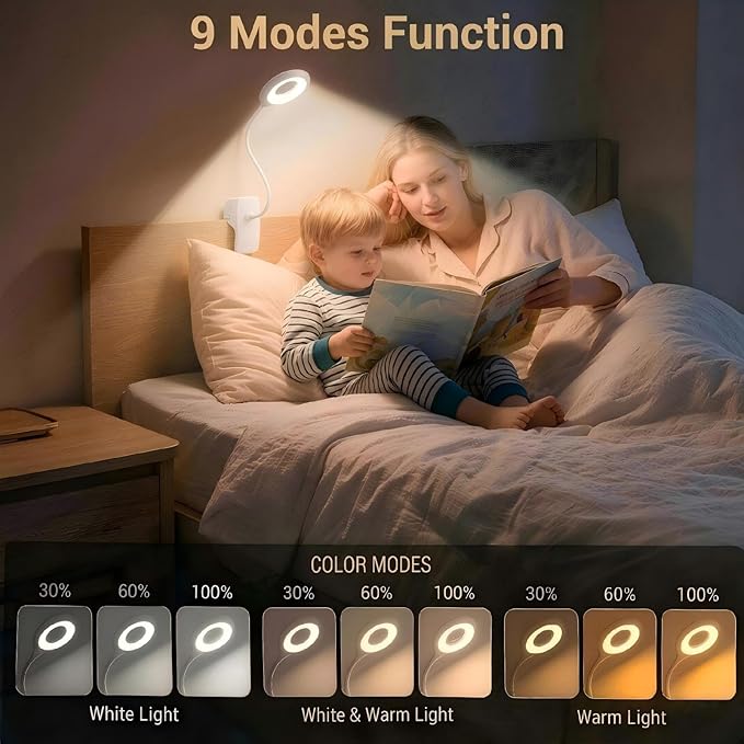 Reading Light, 28 LEDs Rechargeable Clip on Lamp, 3 Color x 3 Brightness Clip On Light for Bed Headboard with Safety Switch, Eye Protection Book Light for Reading in Bed, Touch Control Table Desk Lamp