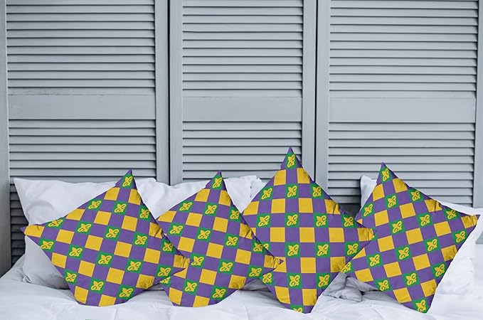 Ambesonne New Orleans Throw Pillow Cushion Case Pack of 4, Mardi Gras Themed Rhombuses with Fleur De Lis Motifs Classic Geometry, Modern Accent Double-Sided Digital Printing, 24", Violet Yellow