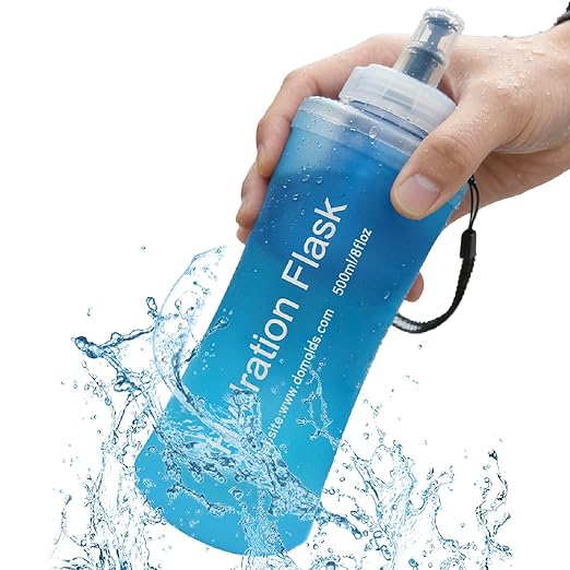 AXEN Collapsible Water Bottle with Filter System, Soft Hydration Flask for Trail Running, Camping, Hiking, Cycling, 500ml Blue