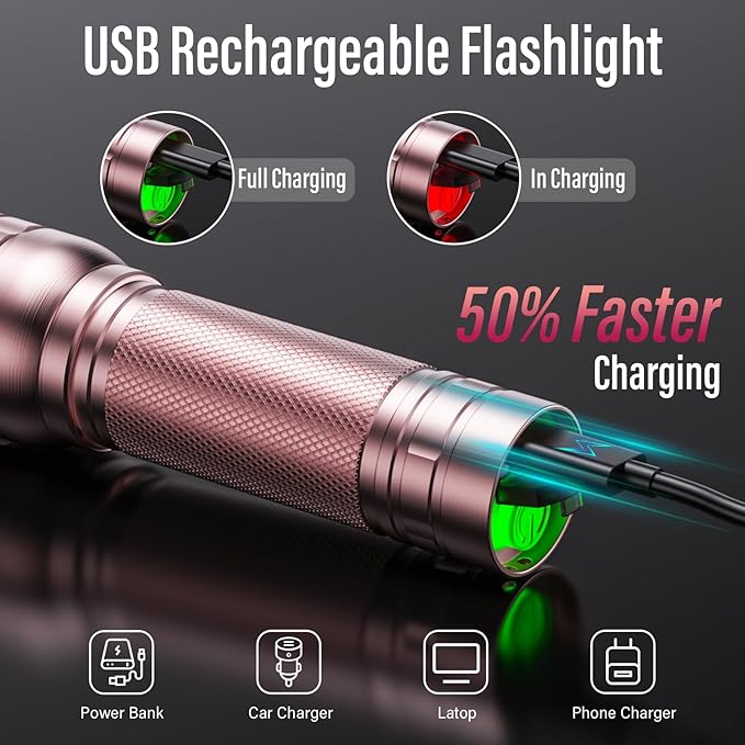 Rechargeable Flashlights High Lumens, G1000 Super Bright Flash Light 2 Pack, Small Zoomable LED Flashlight with 3 Lighting Modes, Portable Flashlights for Camping Essentials, Gift for Women (Pink)