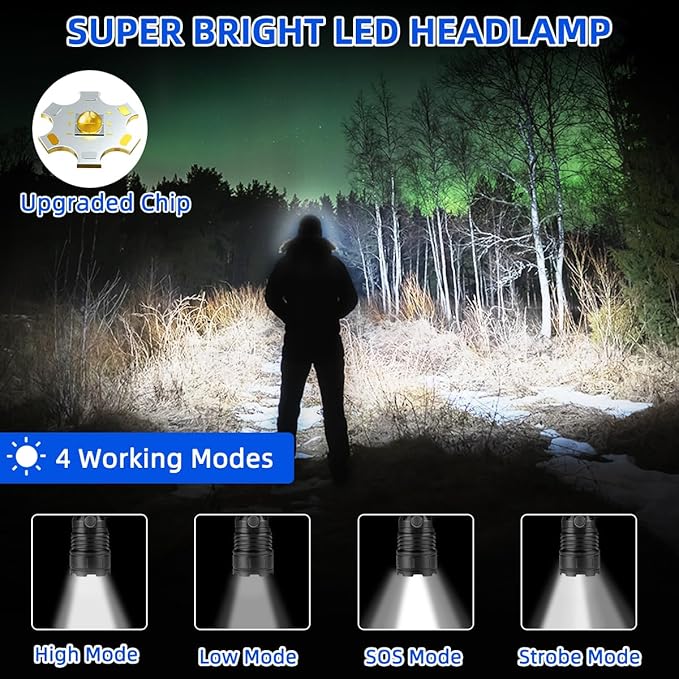 High Lumen Rechargeable Headlamp, Super Bright Head Lamp, 90°Angle Head Lights for Forehead, Adjustable Focus Headlight, 4Mode LED Headlamp Rechargeable, Headlamps for Adults Hard Hat Camping (2Pack)