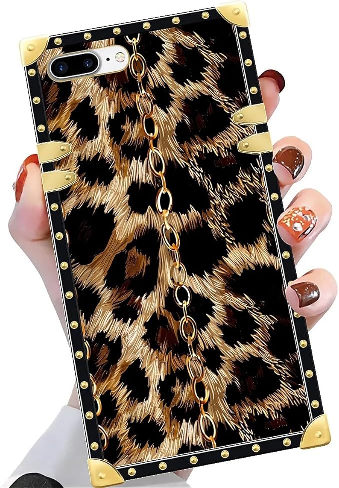 Compatible with iPhone 8 7 SE Case, Seamless Gold Chain Leopard Luxury Golden Decoration for Girl Women Soft TPU Shockproof Protective Hard PC Back for iPhone 8 7 SE