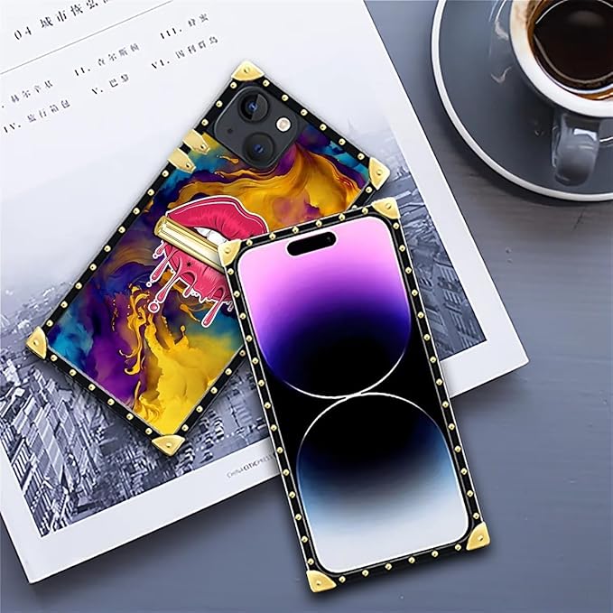 Compatible with iPhone 14 Case, Cool Corlorful Lip Marble Luxury Golden Decoration for Girl Women Soft TPU Shockproof Protective Hard PC Back for iPhone 14