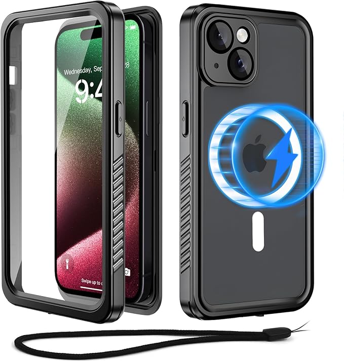 Beeasy for iPhone 15 Waterproof Case Compatible with Magsafe IP68 Underwater Military Grade, Phone Case with Shockproof, Dustproof, Rugged 360 Full Body Protection Cover with Built-in Screen Protector
