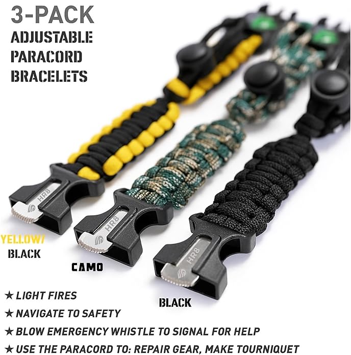 HR8 Paracord Survival Bracelet (3 Pack) – Adjustable Paracord Bracelets, Hunting Gear with Fire Starter, Compass, Whistle & 12ft 550 Cord – Camping & Hunting Essentials (Black, Camo, Yellow)