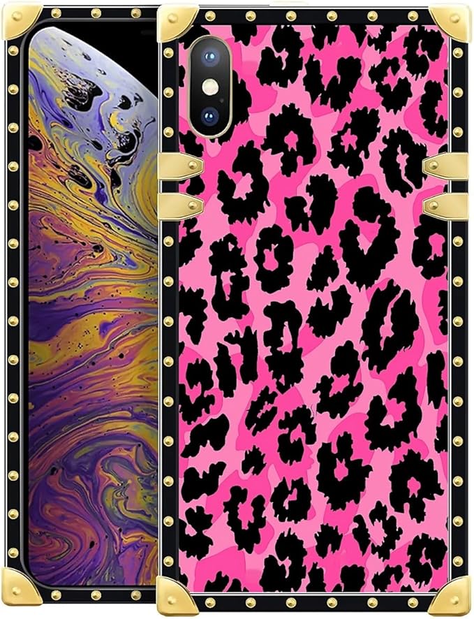 Compatible with iPhone Xs Max Case, Pink Black Leopard Luxury Golden Decoration for Girl Women Soft TPU Shockproof Protective Hard PC Back for iPhone Xs Max