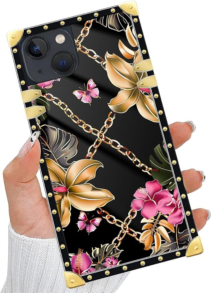Compatible with iPhone 15 Case, Pink Golden Chain Tropical Flower Luxury Golden Decoration for Girl Women Soft TPU Shockproof Protective Hard PC Back for iPhone 15
