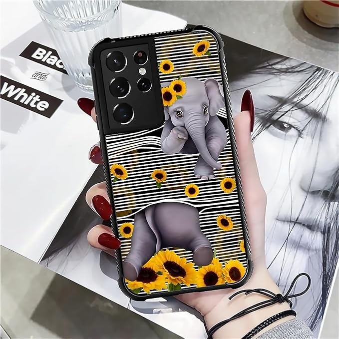 for Samsung Galaxy S21 Ultra Case, Cute Little Elephant Sunflower White Line Art Pattern Graphic Design Soft Silicone Hard Acrylic Shock Protection for Samsung Galaxy S21 Ultra