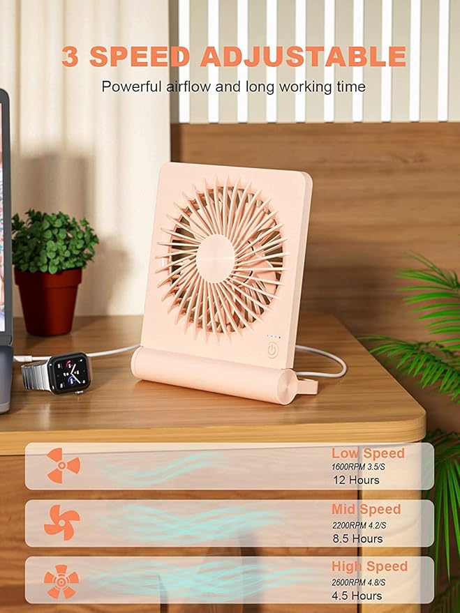 Small Desk Fan,Rechargeable USB Fan Battery Operated,Ultra Quiet, Strong Wind, 3 Speeds Travel Fans