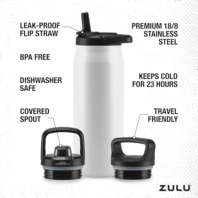 ZULU Base 32oz Stainless Steel Water Bottle with 3 Lids- Straw, Chug, Twist | Double Walled and Vacuum Insulated Metal Thermos | For Gym, Workout, Outdoor | Built in Carry Loop, Dishwasher Safe, White