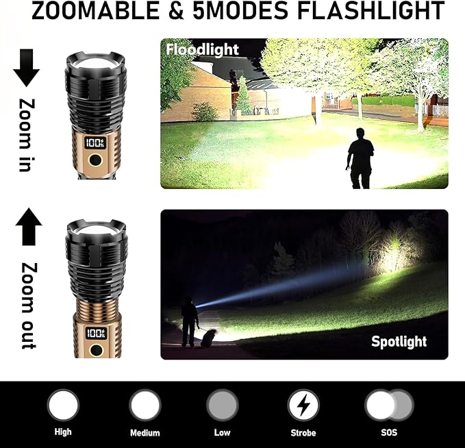 Flashlights High Lumens Rechargeable, 100,000LM LED Super Bright Flash Light, Zoomable Linternas with LCD Digital Display, 5 Mode, Waterproof, Powerful Tactical Flashlight for Emergencies Camping Gift