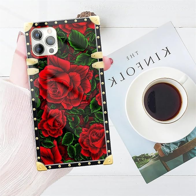 Compatible with iPhone 11 Pro Max Case, Vector Red Rose Green Leaf Luxury Golden Decoration for Girl Women Soft TPU Shockproof Protective Hard PC Back for iPhone 11 Pro Max