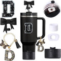 6pcs Black Stanley Cup Accessories Set, Bow Straw Topper for Stanley Cup 30oz 40oz, Including Straw Topper and Bow Silicone Boot, Stoppers Spill Proof, Handle Charm, Initials Sticker