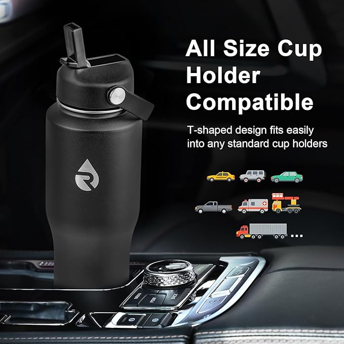 RAYMYLO 32 oz Insulated Water Bottle with Straw fit in Car Cup Holder, Triple Wall Vacuum Stainless Steel(Cold 48 hrs, Hot 24 hrs), Leakproof & Non-BPA, Hydro Travel Flask with Straw and Spout Lid