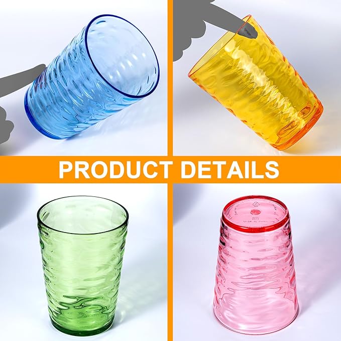 14-ounce Plastic Tumblers, Acrylic Drinking Glasses, set of 6 Multicolor Reusable Plastic Cups, Stackable, BPA-Free, Shatter-Proof, Dishwasher-Safe