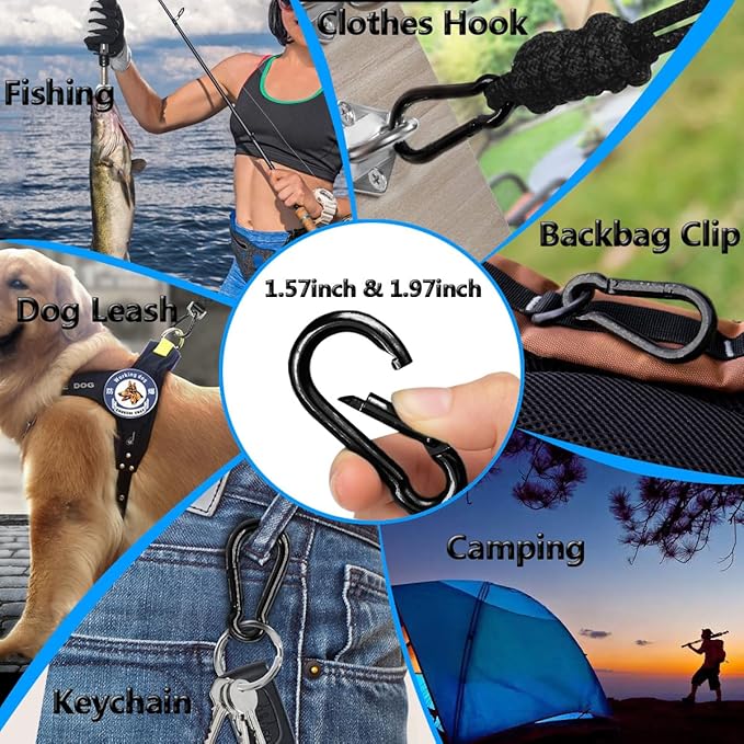Black Carabiner Clip, Heavy Duty Spring Snap Hook Quick Link for Outdoor Camping, Hiking, Fishing, Swing Set, Hammock, Keychain