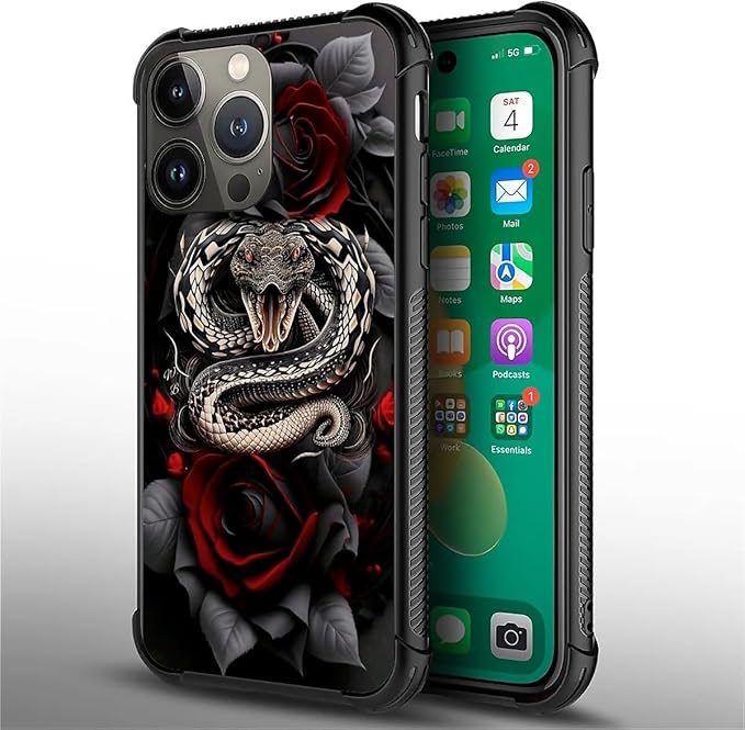 for iPhone 13 Pro Max Case, Entwined Rose Snake Pattern Graphic Design Girl Boy Soft Silicone Hard Acrylic Shock Protection for iPhone 13 Pro Max