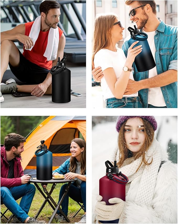 BENZZO 64 oz Water Bottle Insulated Leak Proof Travel Large 1/2 Half Gallon Water Jug Black for Christmas