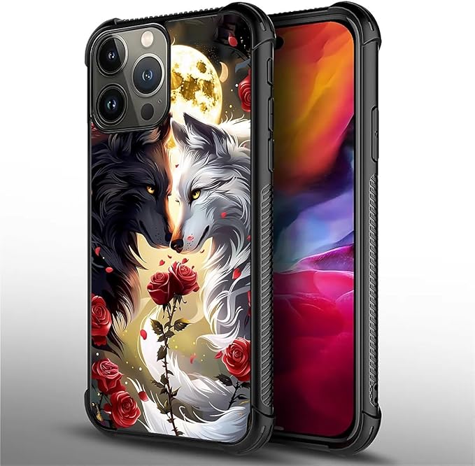 for iPhone 15 Pro Case, Black White Wolf Moon Flower Rose Pattern Graphic Design Girl Boy Soft Silicone Hard Acrylic Shock Protection for iPhone 15 Pro