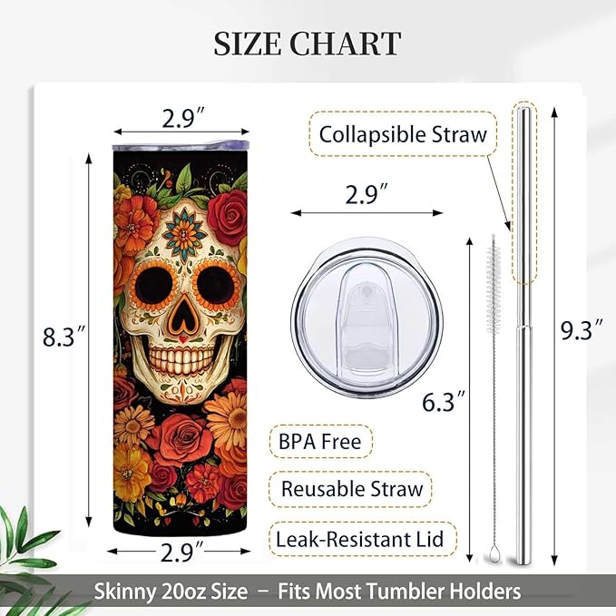 Firmiso 20 oz Tumbler｜Skinny Insulated Travel Mug｜Sugar Skull Floral Design Stainless Steel Cup with Lid and Telescopic Straw｜Gothic Boho Drinkware｜Day of the Dead Gift Idea for Women and Men