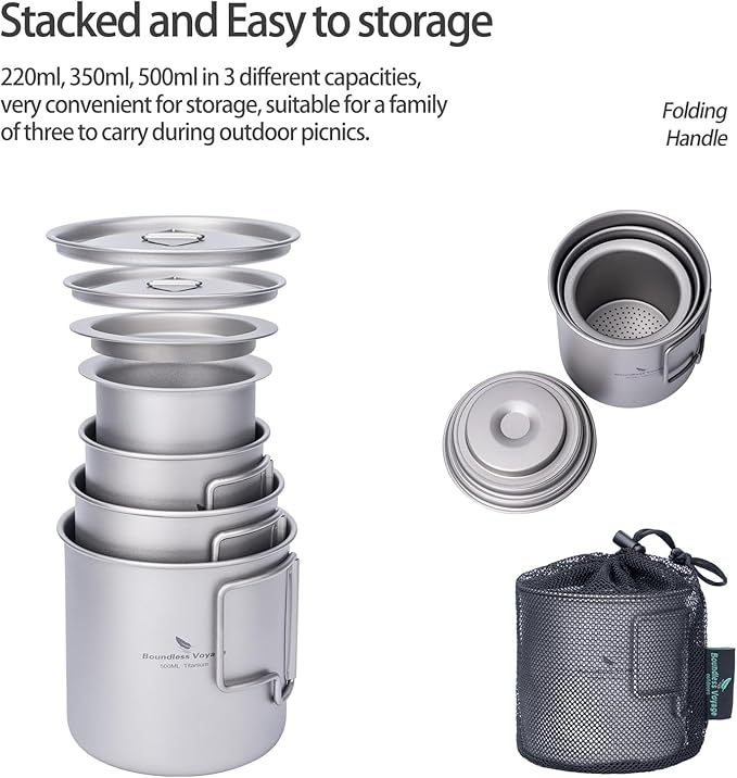 iBasingo Titanium Cup Set with Lid Foldable Handle Single-walled Camping Mug Lightweight Portable for Outdoor Drinking Drinkware US-Ti3060D
