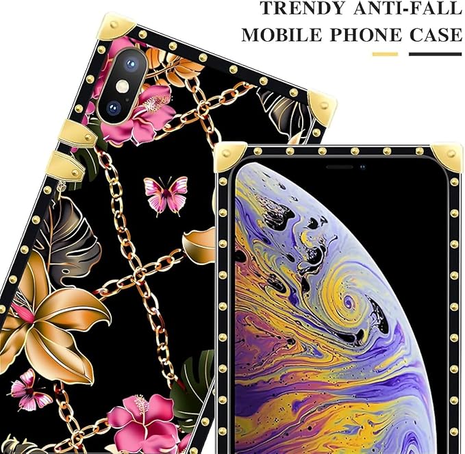 Compatible with iPhone XR Case, Pink Golden Chain Tropical Flower Luxury Golden Decoration for Girl Women Soft TPU Shockproof Protective Hard PC Back for iPhone XR