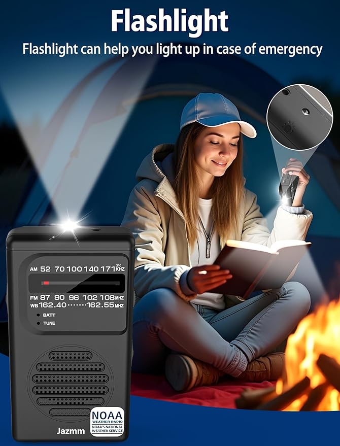 Pocket NOAA Weather Radio,Portable AM FM Battery Operated Radio with 3W Speaker,Transistor with Best Reception,Back Clip,Flashlight,Earphone Jack,Powered by 2 AA Battery for Emergency