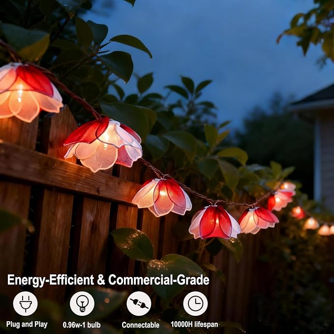 TWINKVILLA Decorative String Lights Plug in with 10 Bulbs, Flower Garland Fairy Lights Connectable Weatherproof Outdoor Indoor for Wedding Pergola Bedroom Porch Floral Home Decor (Purple White)