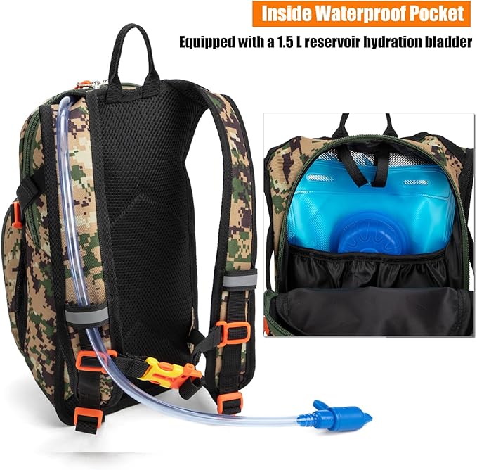 Kids Hydration Backpack, Water Hiking Backpack for Boys or Girls with 1.5L Reservoir Bladder