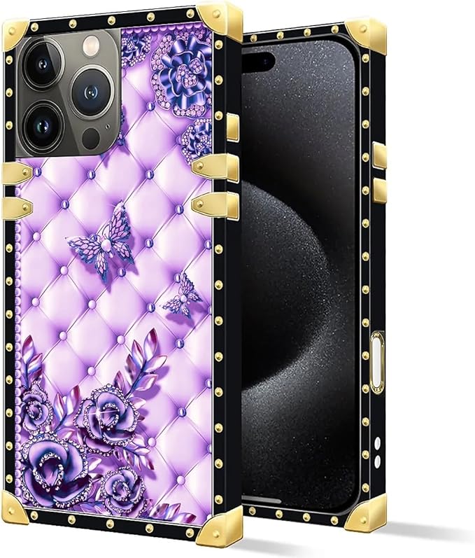 Compatible with iPhone 16 Pro Case, Purple Butterfly Flowers Leaf Luxury Golden Decoration for Girl Women Soft TPU Shockproof Protective Hard PC Back