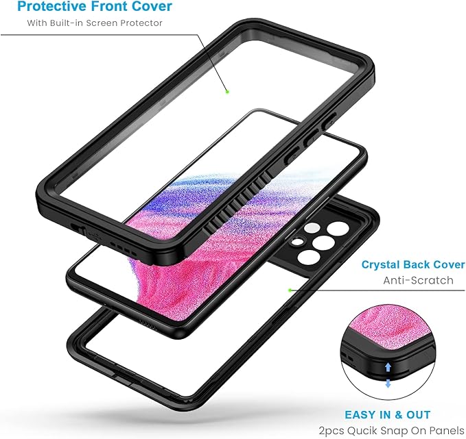 Lanhiem for Samsung Galaxy A53 5G Case, IP68 Waterproof Dustproof with Built-in Screen Protector, Heavy Duty Full Body Protective Phone Case for Samsung A53 5G, Black/Clear