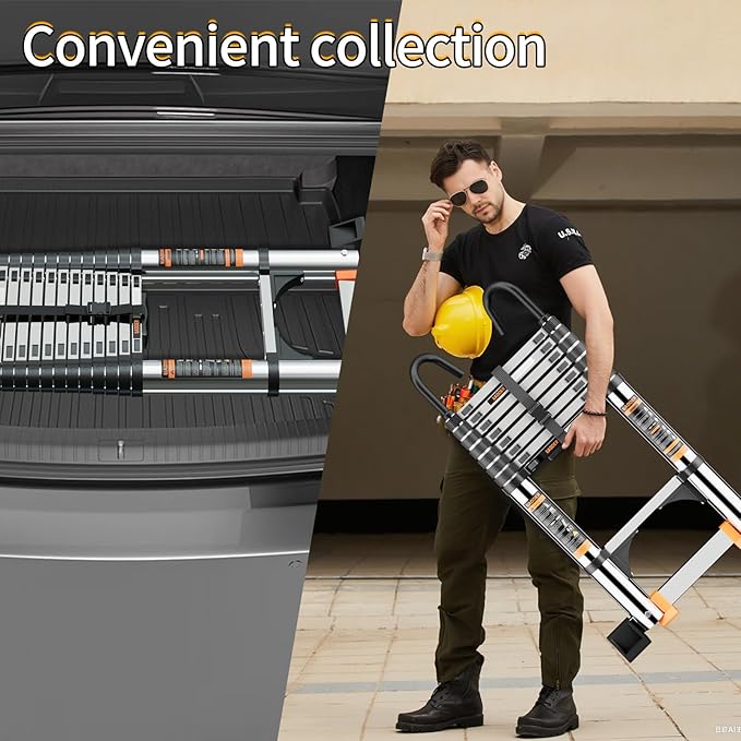 Telescoping Ladder,with Stable Hook and stabilizer barand,12.5 FT Extension Ladder, Heavy Duty 330lbs Max Capacity, Multi-Purpose Collapsible Ladder for RV or Outdoor Work (3.8M/12.5FT)