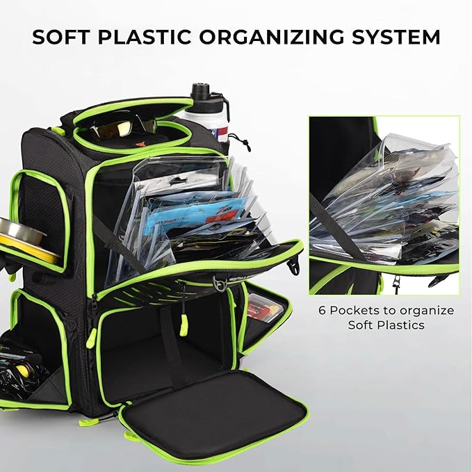 KastKing Bait Boss Fishing Tackle Backpack with Rod Holders-4 Tackle Boxes-Rain Cover,45/43L Large Storage for Fishing Gear
