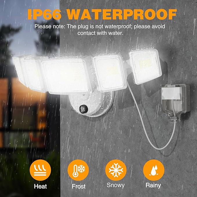Onforu 150W 15000LM Dusk to Dawn Outdoor Lighting,5 Heads Plug in Flood Lights,6500K Super Bright Automatic White Outdoor Lighting,IP66 Waterproof Hardwired LED Security Lights for Garage,Yard,Outside