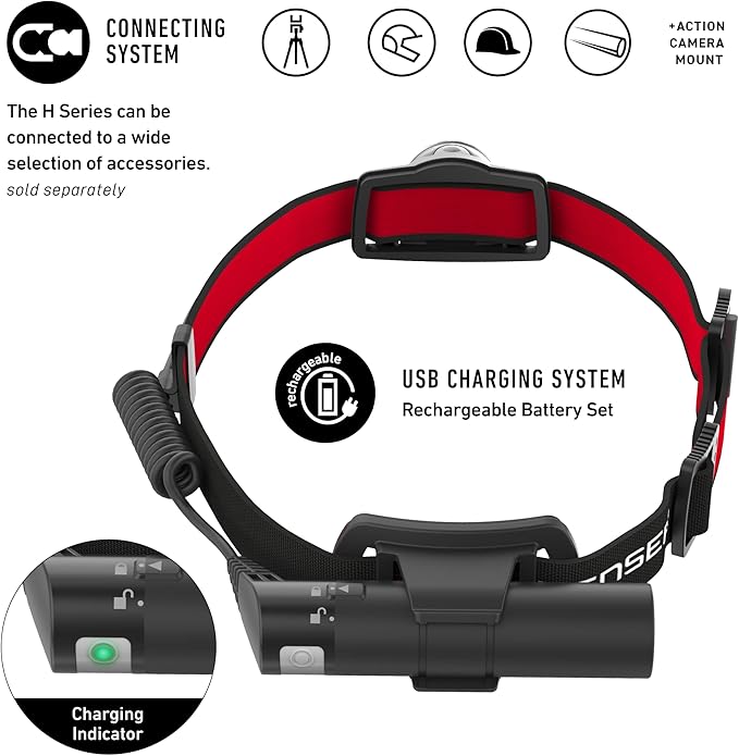 Ledlenser H8R Headlamp - Black, 3000 mAh Li-ion, 158g - 120-Hour Runtime & Rechargeable Flashlight - 600 Lumens Output & LED Headlamp - Red Rear Safety Light & Hardhat Light