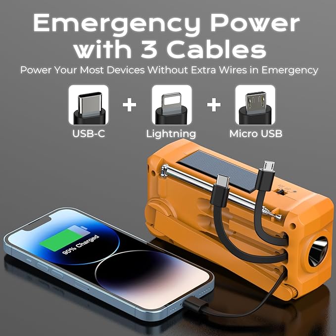 PRUNUS J-366 Emergency Radio with 3 Charging Cables, NOAA Weather Alert, 7400mWh/Solar/Hand Crank/USB-C Charging, Battery Operated, WB/AM/FM, SOS Alarm, Flashlight, Compact for Bag, NOAA Radio