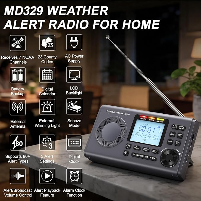 RunningSnail NOAA Weather Alert Radio - S.A.M.E Localized Programming, 23 County Codes & 80+ Emergency Alerts, Battery Backup, Alarm, Selectable Alert Tone, External Antenna, External Warning Light