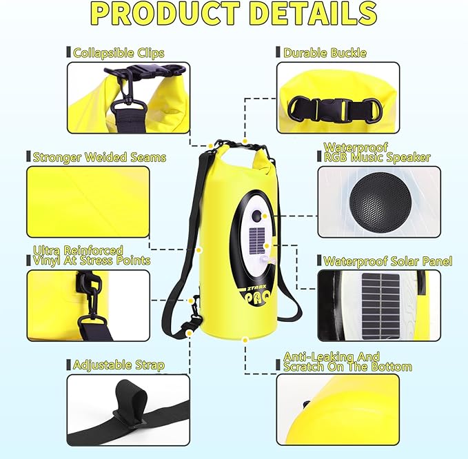 FELICON Solar/Battery Multi-Functional Backpack with Bluetooth Speaker,IP66 Waterproof Dry Bag,Heavy Duty Roll Top Closure,Large Capacity Bag for Camping,Hiking,Traveling (Neon Yellow 10L)