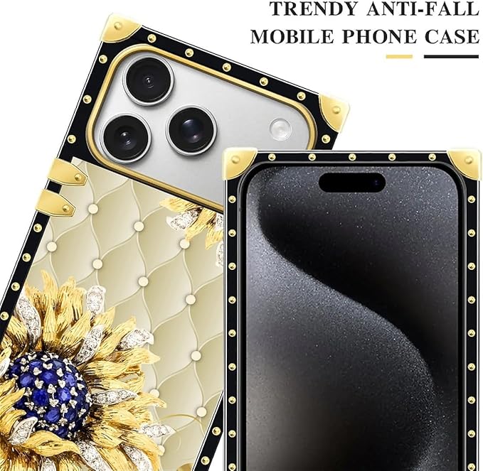 for iPhone 17 Pro Max Case Luxury Golden Decoration for Girl Women Soft TPU Shockproof Protective Hard PC Back for iPhone 17 Pro Max Crazy Pattern Sunflower Diamonds Leather
