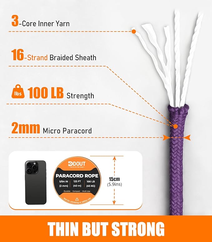 DDOUT 2mm Paracord 100lb, Thin Micro Paracord Rope, Purple 125FT Nylon Cord for Crafting, DIY Projects, Fishing, Camping & Outdoor